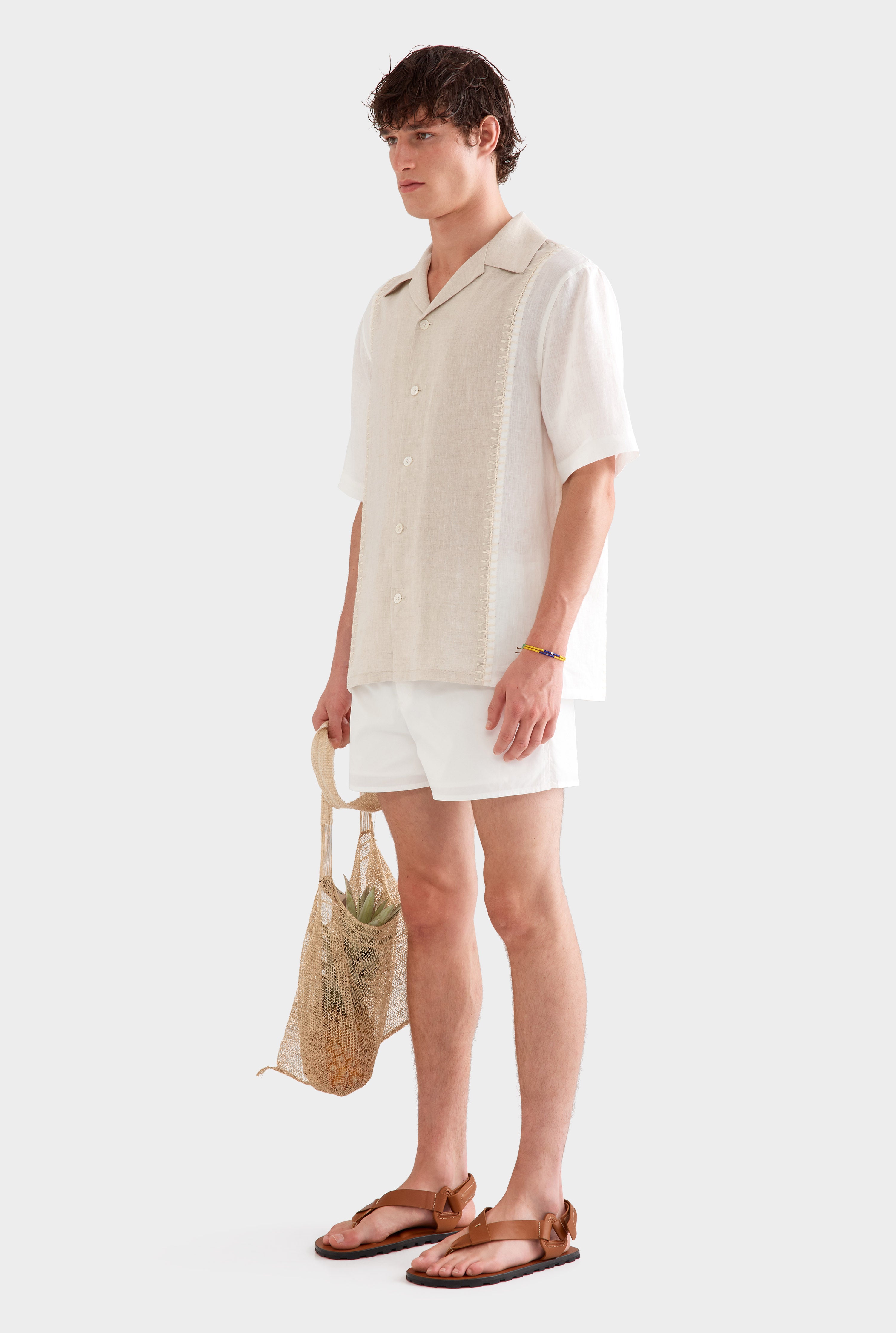 Short Sleeve Panelled Crochet Stitch Shirt -  Sand/Off White