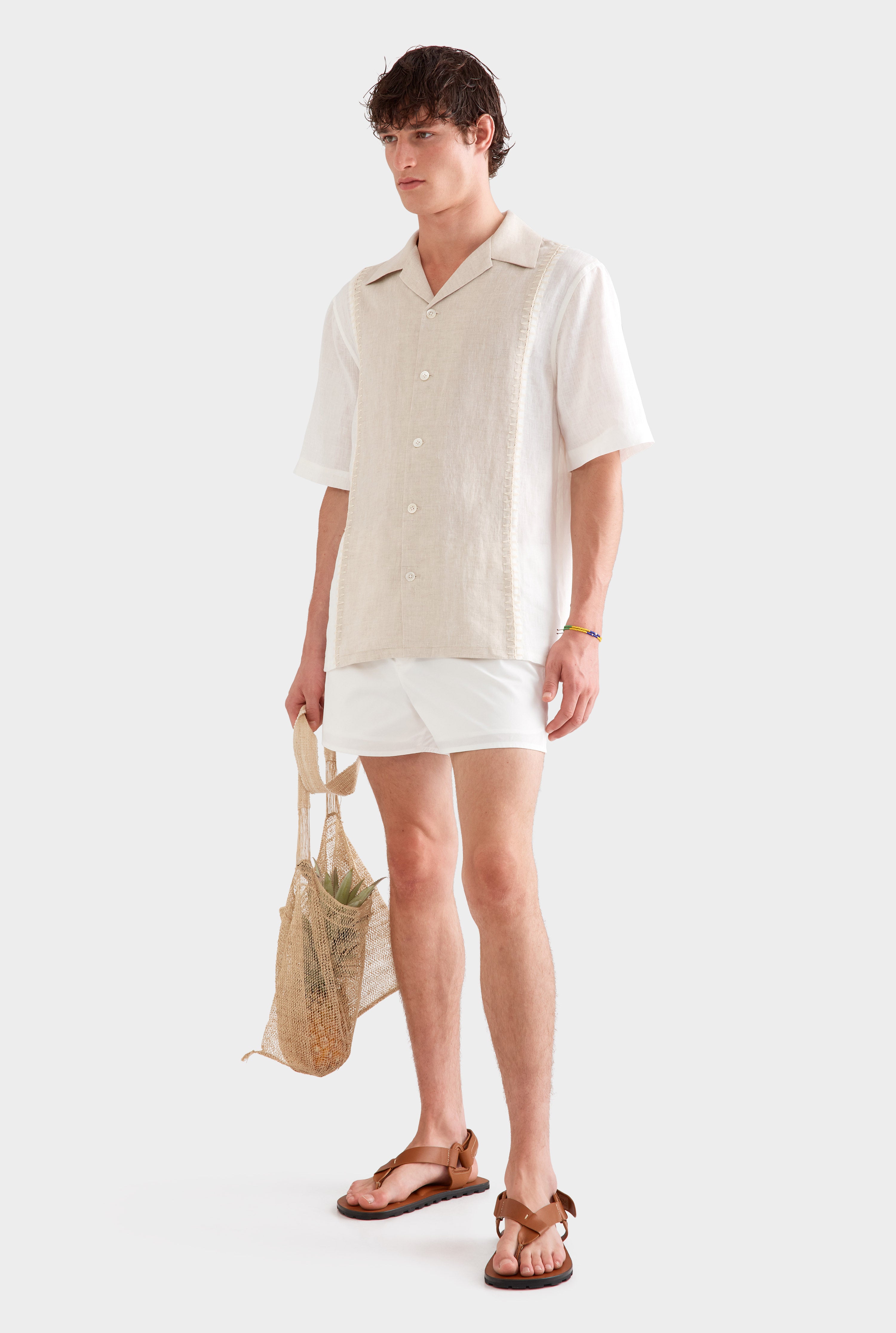 Short Sleeve Panelled Crochet Stitch Shirt -  Sand/Off White