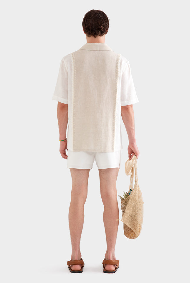 Short Sleeve Panelled Crochet Stitch Shirt -  Sand/Off White