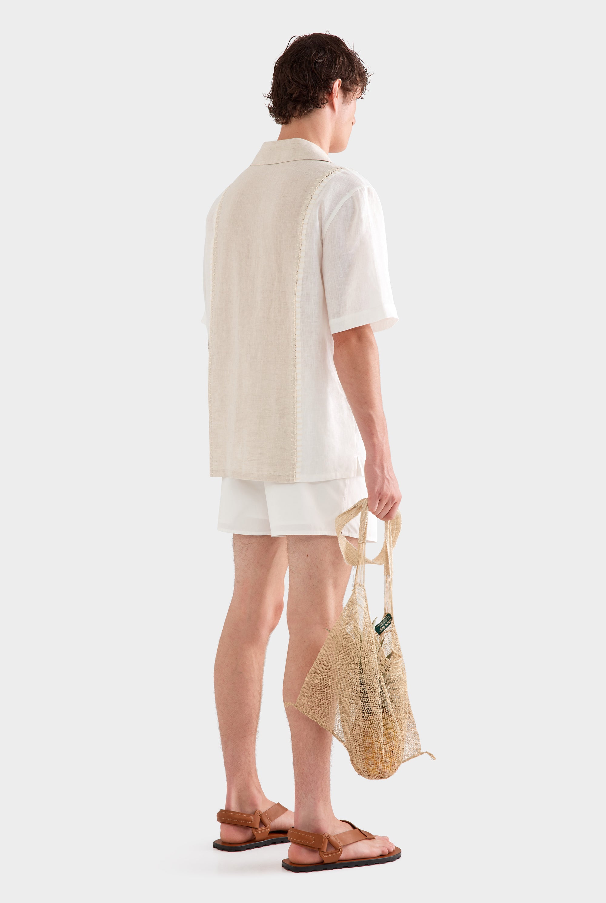 Short Sleeve Panelled Crochet Stitch Shirt -  Sand/Off White