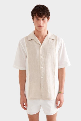 Short Sleeve Panelled Crochet Stitch Shirt -  Sand/Off White