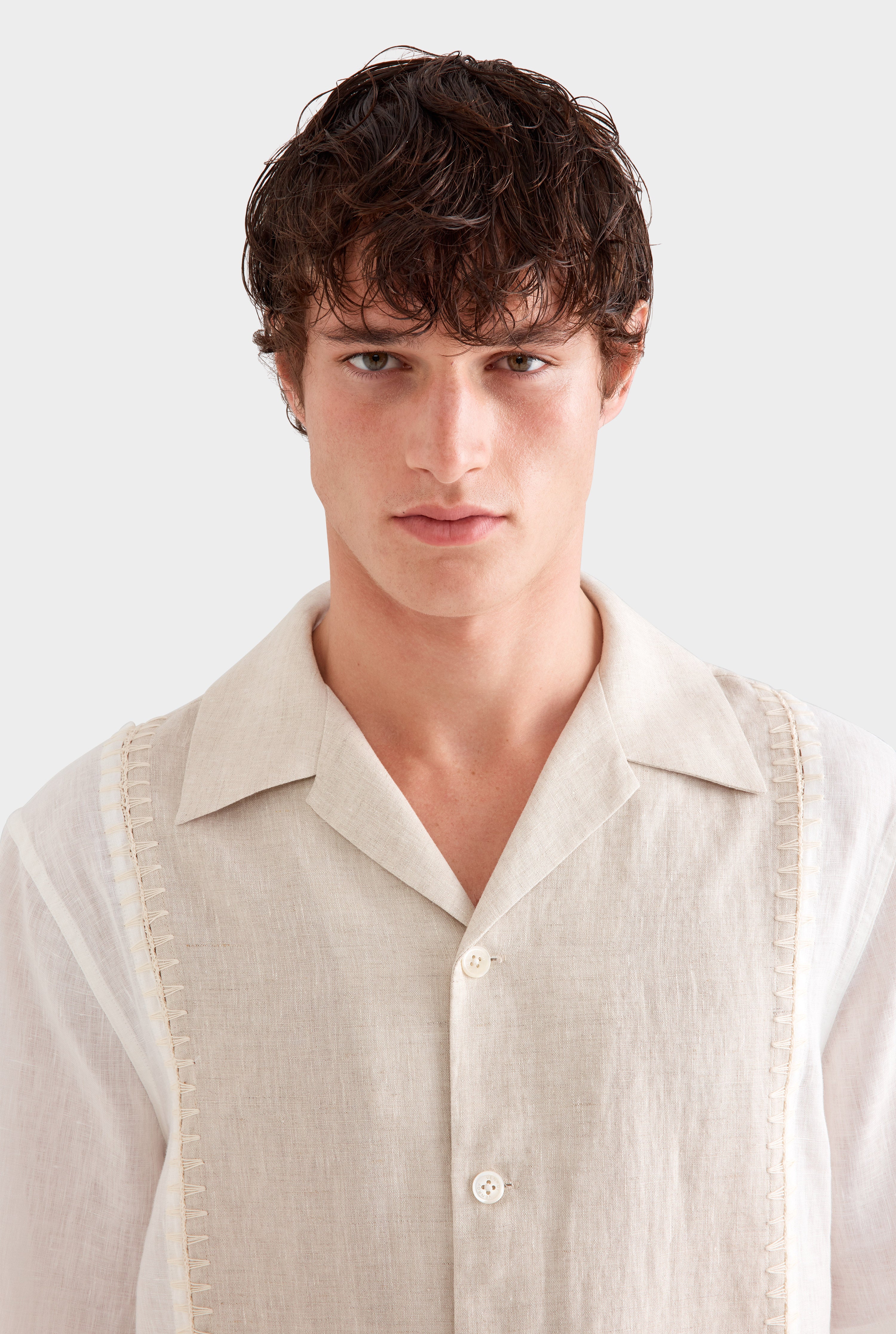 Short Sleeve Panelled Crochet Stitch Shirt -  Sand/Off White