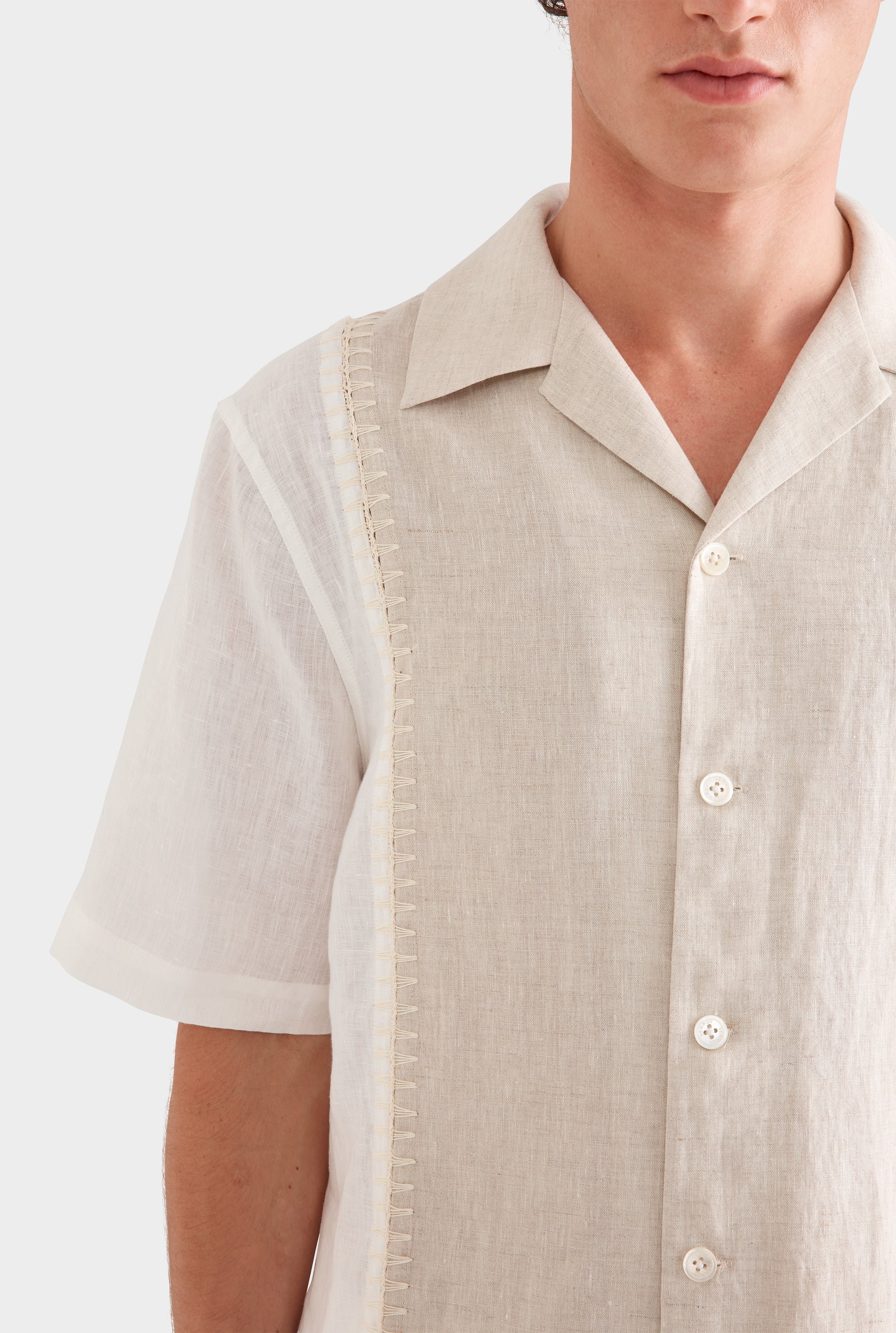 Short Sleeve Panelled Crochet Stitch Shirt -  Sand/Off White