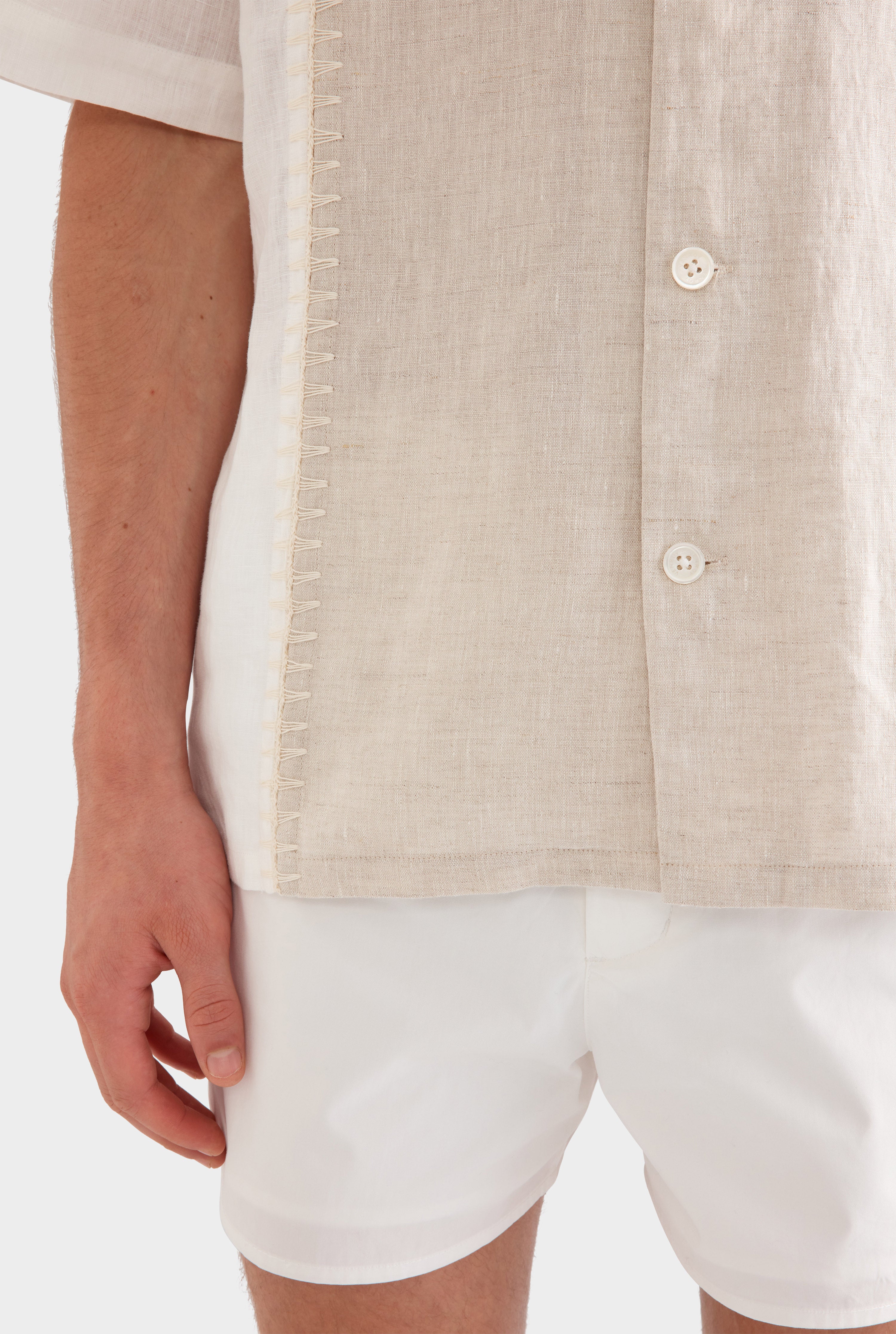 Short Sleeve Panelled Crochet Stitch Shirt -  Sand/Off White