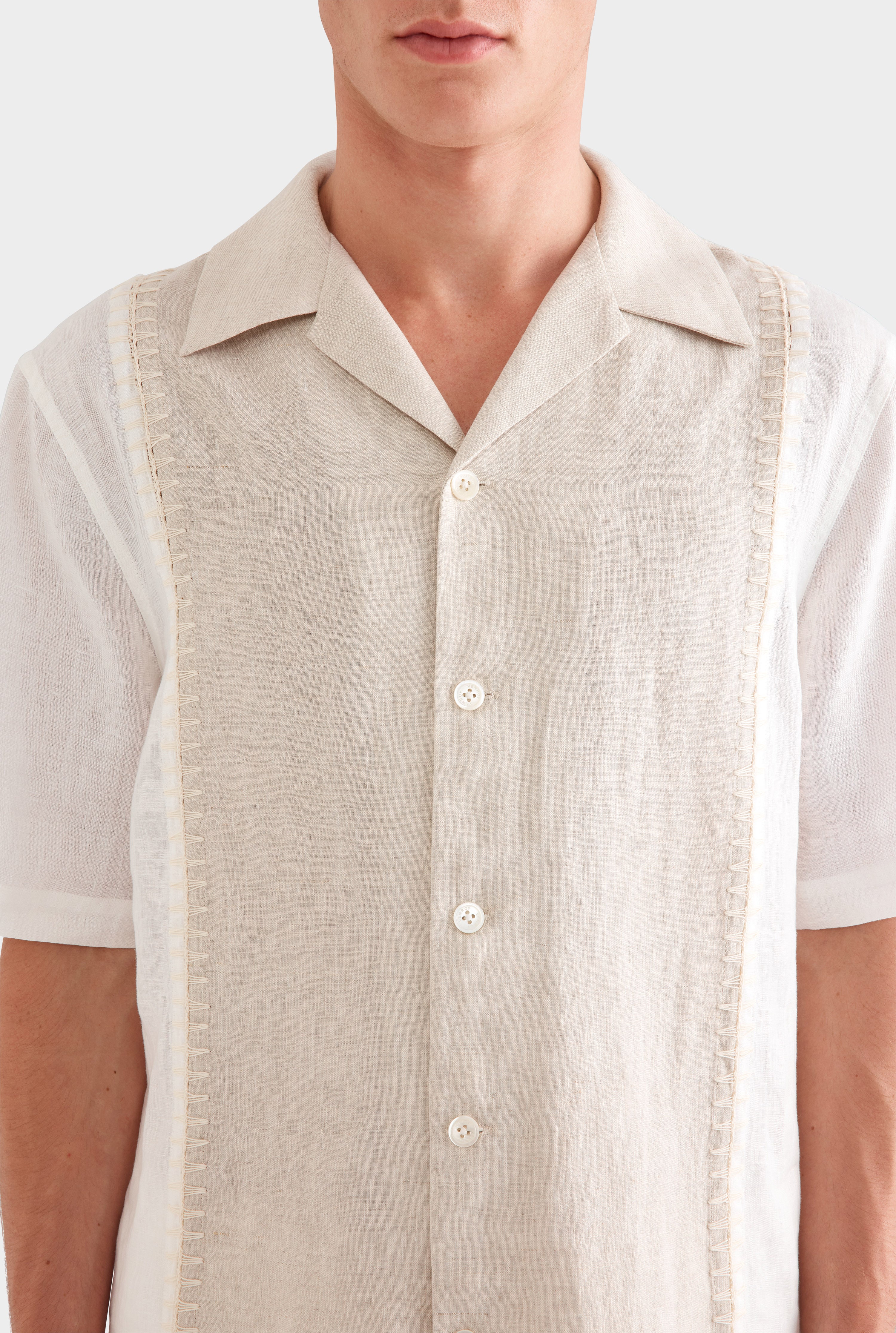 Short Sleeve Panelled Crochet Stitch Shirt -  Sand/Off White