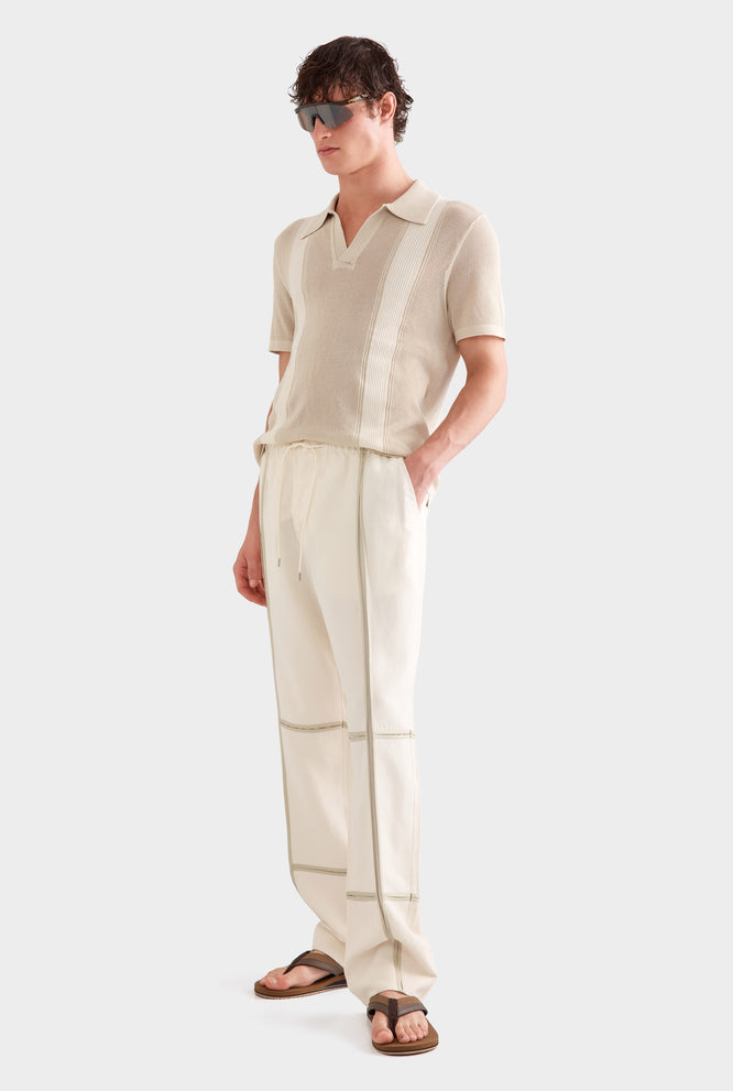 Silk Linen Contrast Bind Trouser - Cream/Pistachio Shell