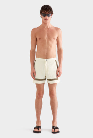 Snaplock Panelled Border Swim Short -  Cream/Olive