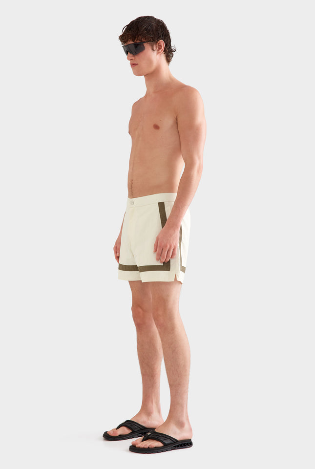 Snaplock Panelled Border Swim Short -  Cream/Olive