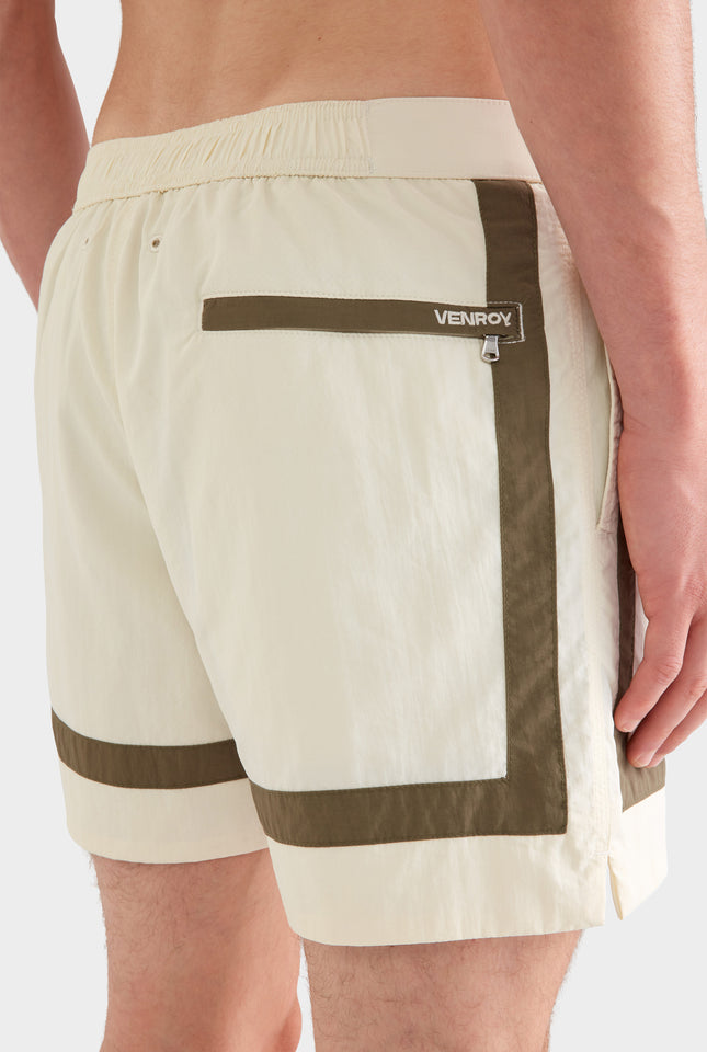 Snaplock Panelled Border Swim Short -  Cream/Olive