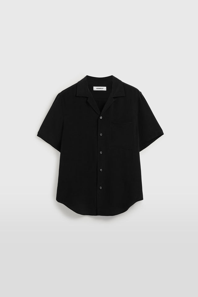 Relaxed Short Sleeve Silk Camp Collar Shirt - Black