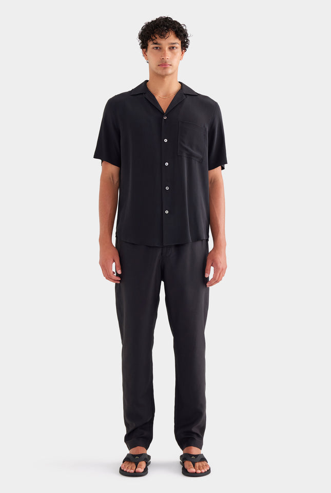 Short Sleeve Silk Camp Collar - Black