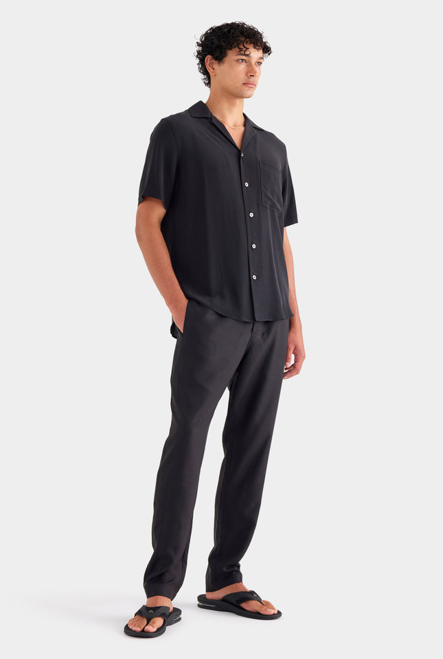 Short Sleeve Silk Camp Collar - Black