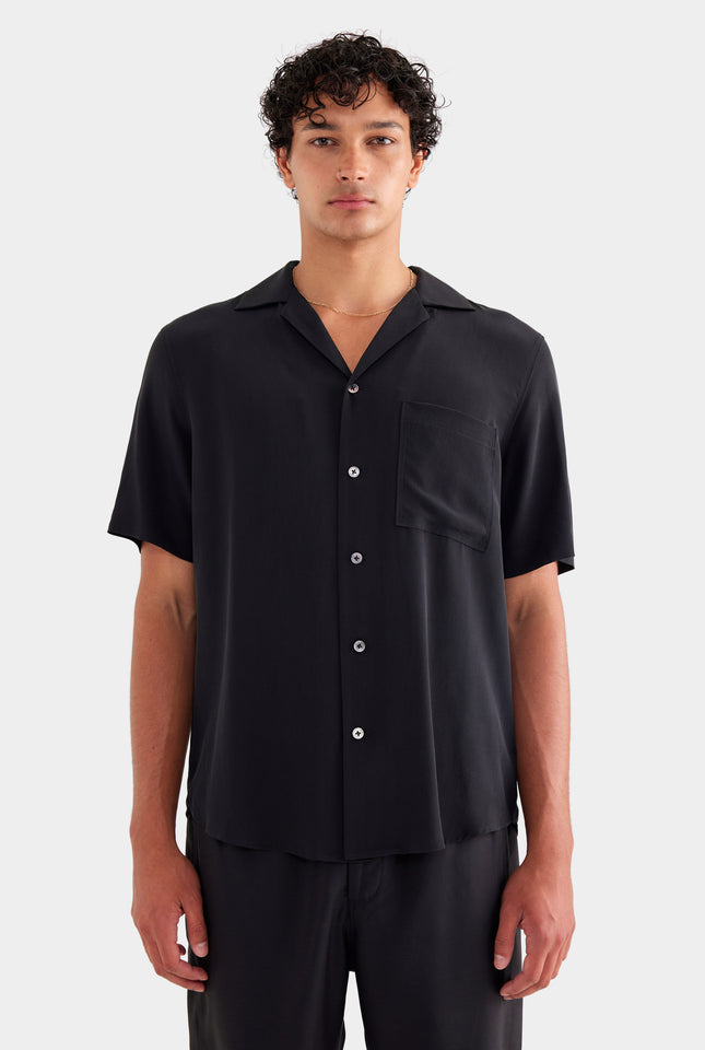 Short Sleeve Silk Camp Collar - Black