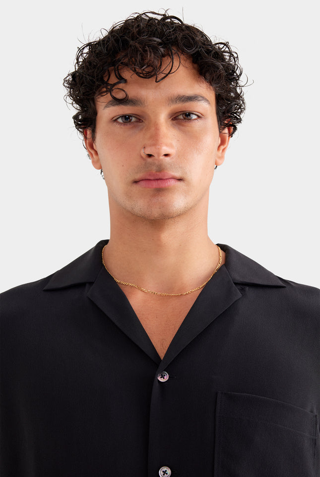 Short Sleeve Silk Camp Collar - Black