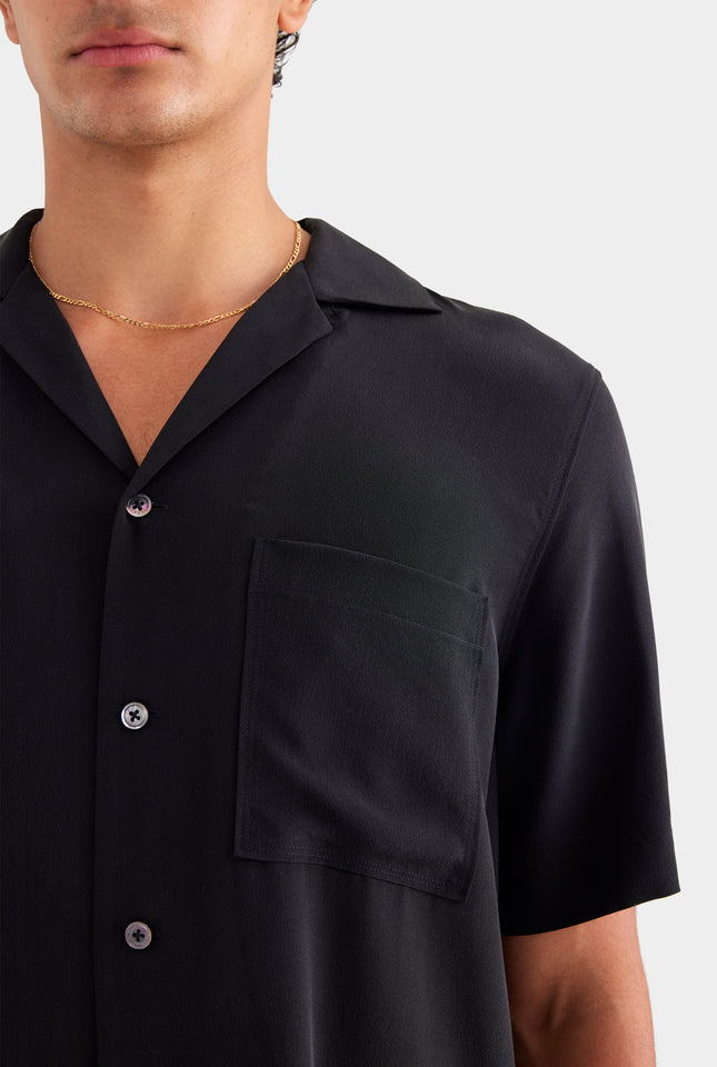 Short Sleeve Silk Camp Collar - Black