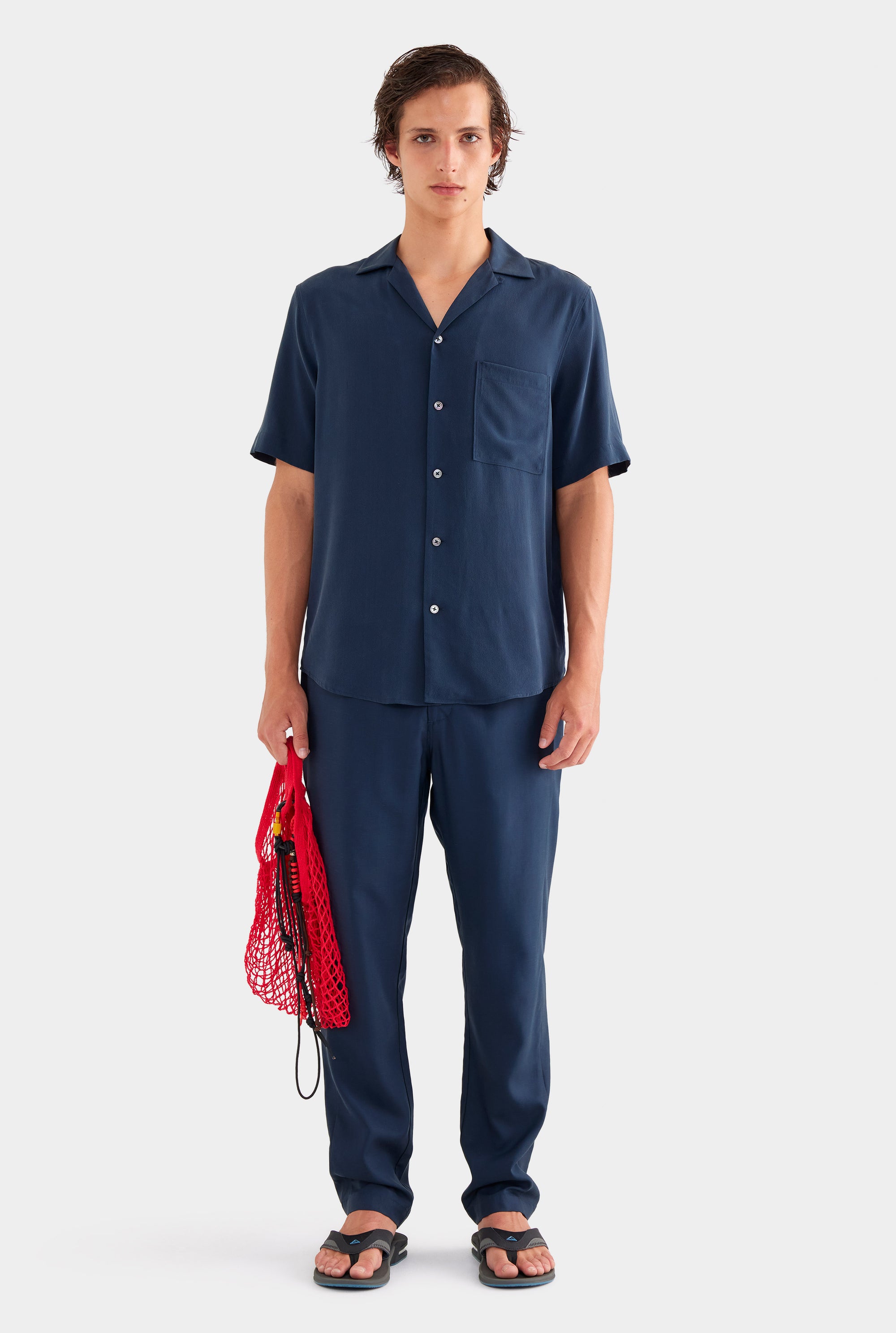 Short Sleeve Silk Camp Collar - Navy