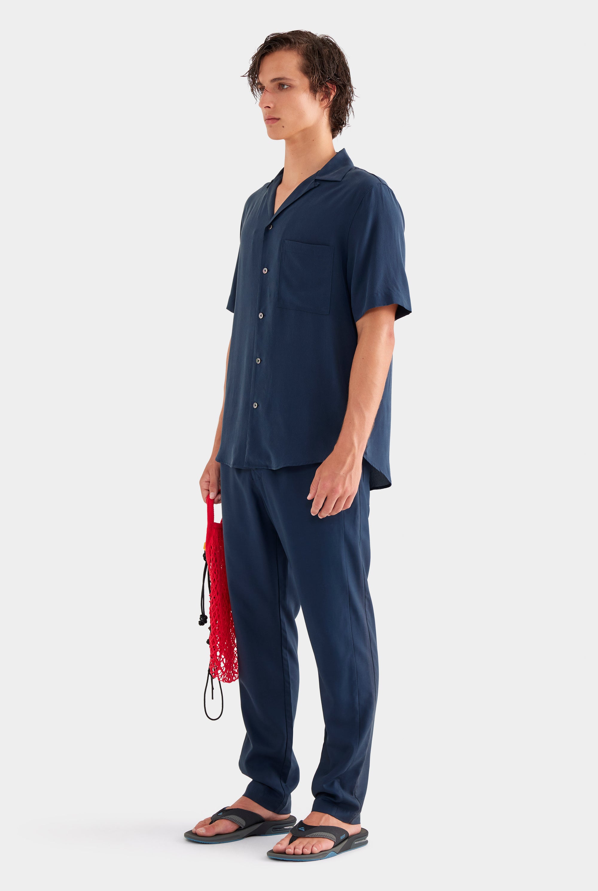 Short Sleeve Silk Camp Collar - Navy