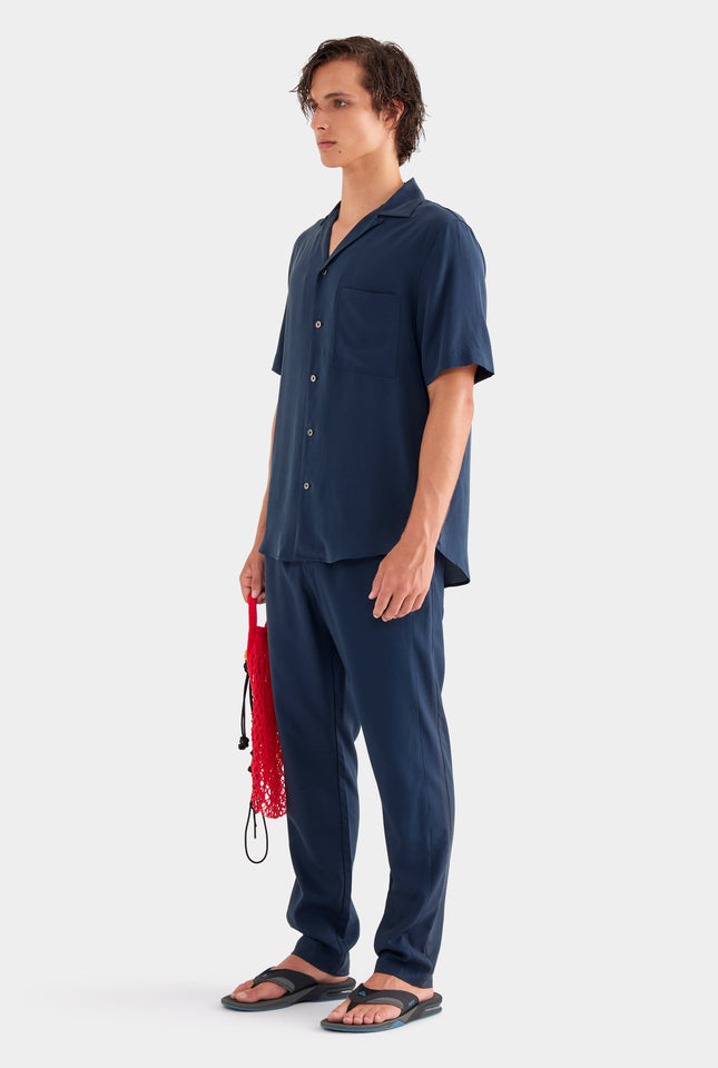 Short Sleeve Silk Camp Collar - Navy