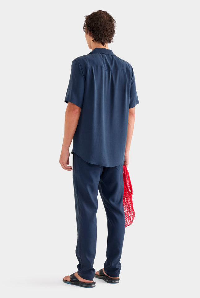 Short Sleeve Silk Camp Collar - Navy