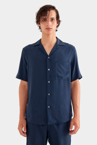 Short Sleeve Silk Camp Collar -  Navy