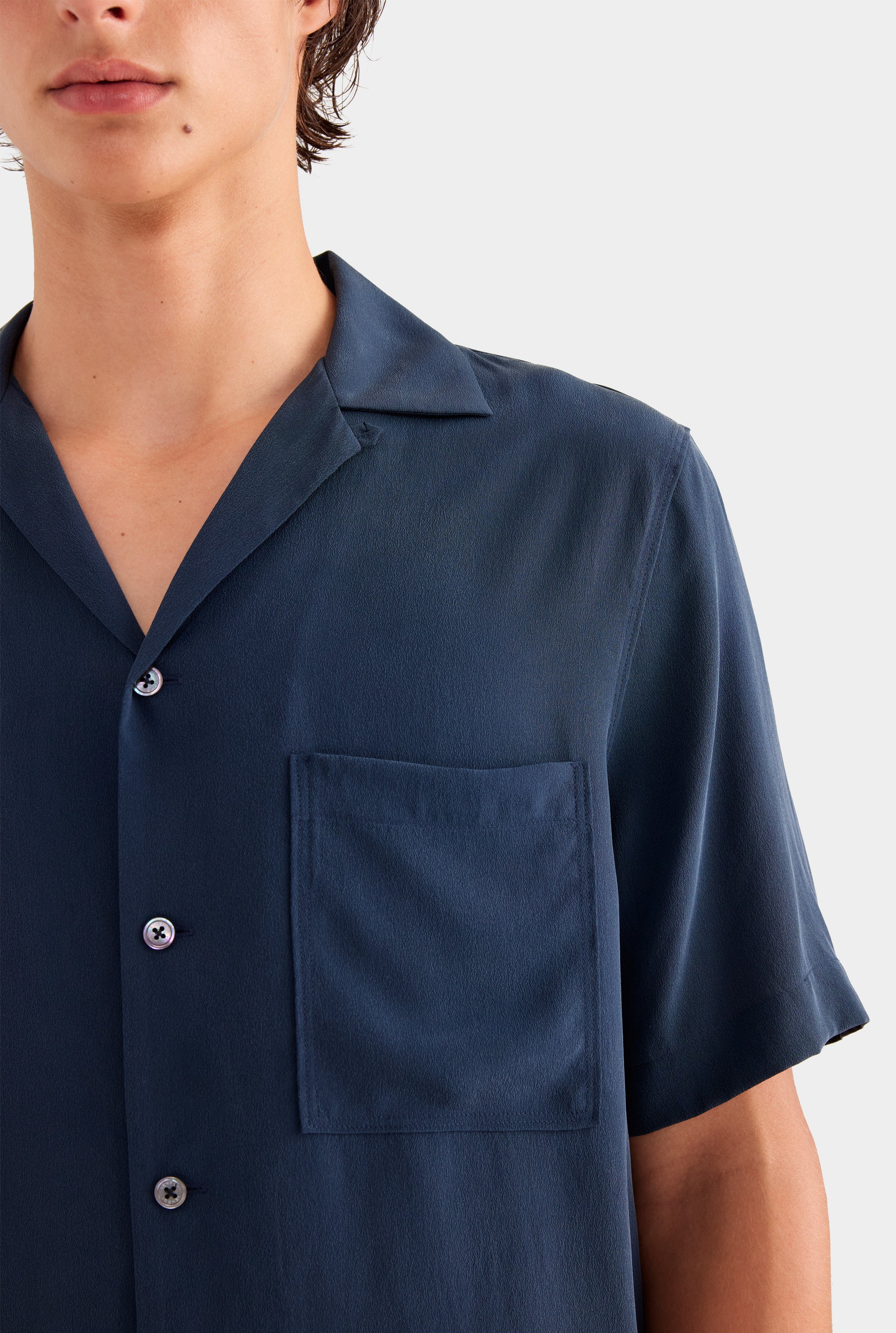 Short Sleeve Silk Camp Collar - Navy