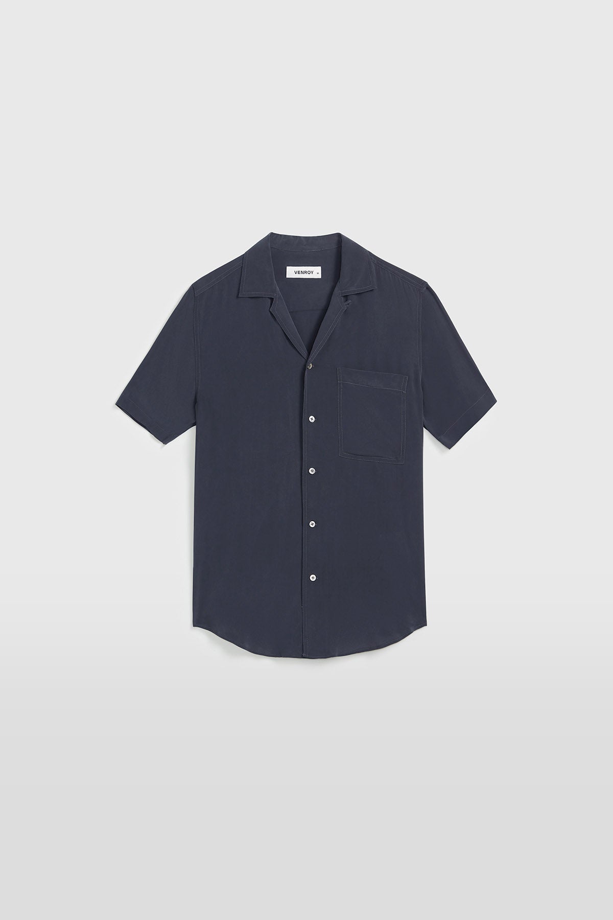 Relaxed Short Sleeve Silk Camp Collar Shirt - Navy