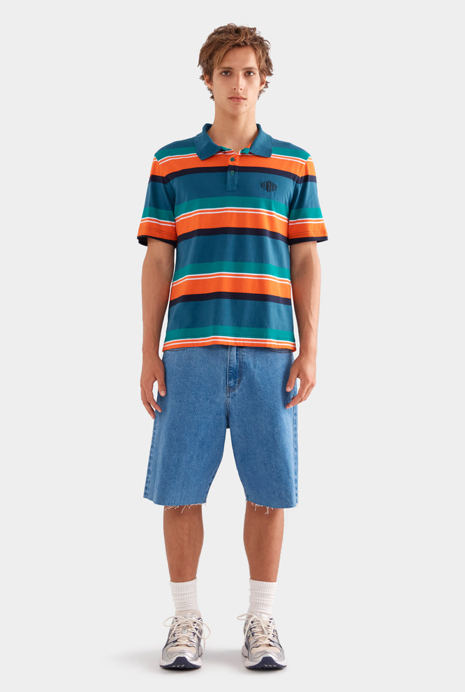 Short Sleeve Striped Cotton Polo - Deep Teal/Bright Orange Stripe