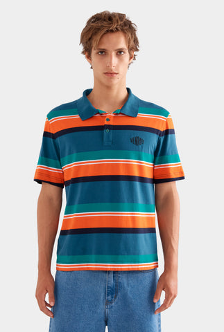 Short Sleeve Striped Cotton Polo - Deep Teal/Bright Orange Stripe