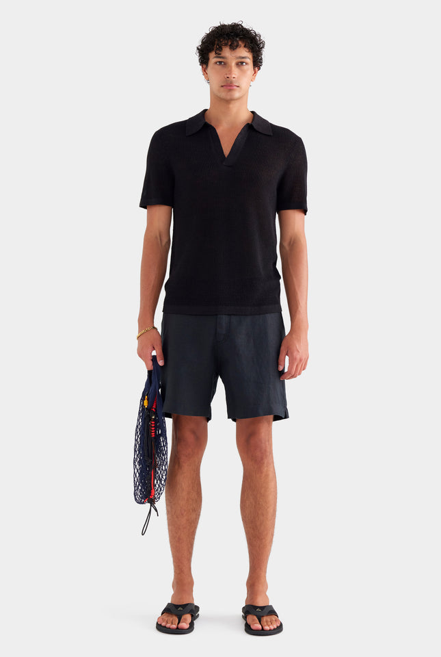 Rib Knit Open Neck Polo 2.0 - Black