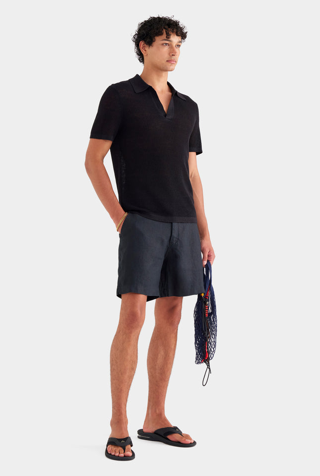 Rib Knit Open Neck Polo 2.0 - Black
