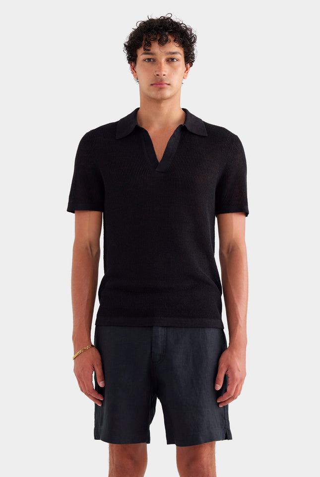 Rib Knit Open Neck Polo 2.0 - Black