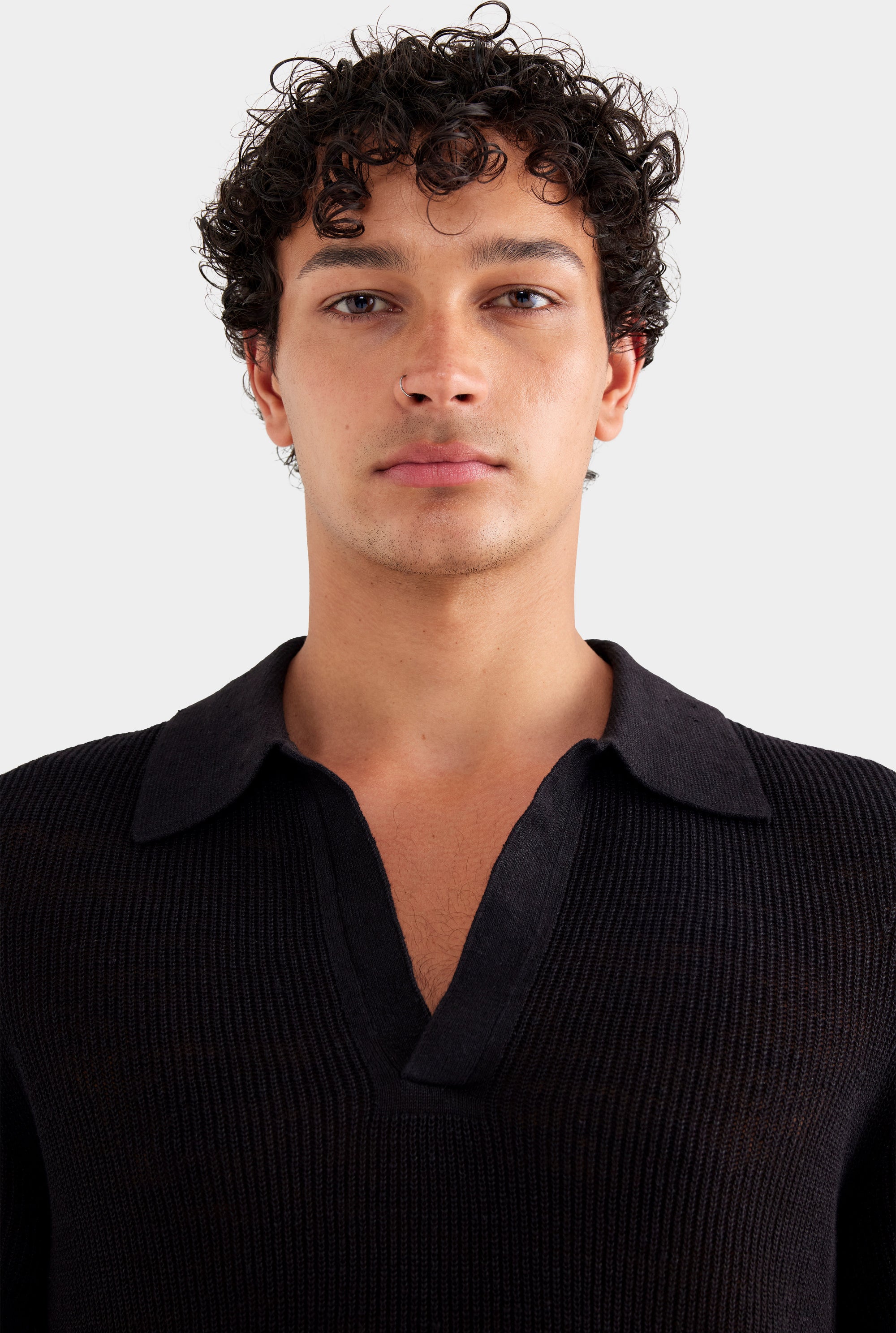 Rib Knit Open Neck Polo 2.0 - Black