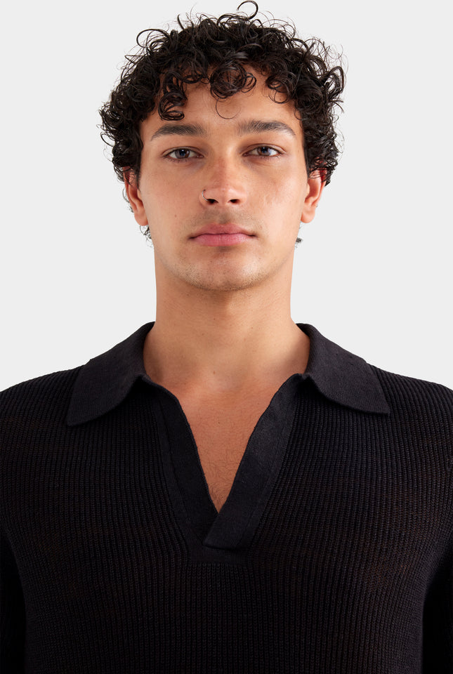 Rib Knit Open Neck Polo 2.0 - Black