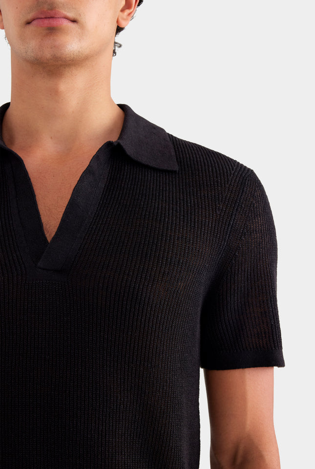Rib Knit Open Neck Polo 2.0 - Black