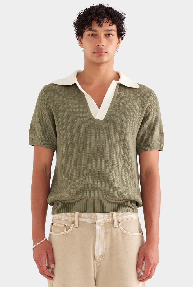 Relaxed Cotton Knit Open Neck Polo - Cream/Dijon