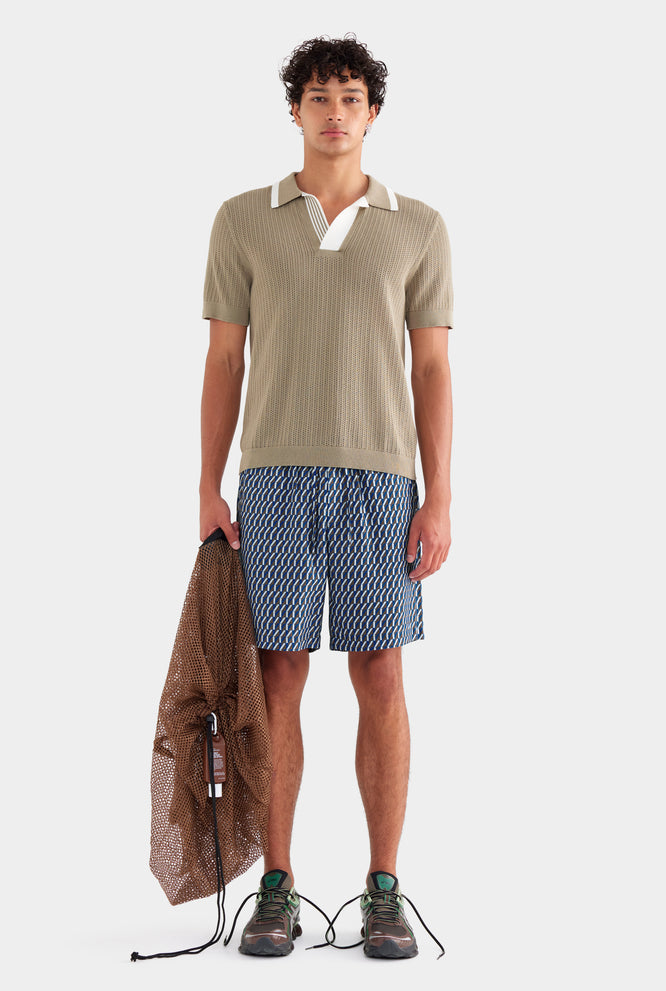 Stripe Collar Cotton Knit Open Neck Polo - Latte/Cream