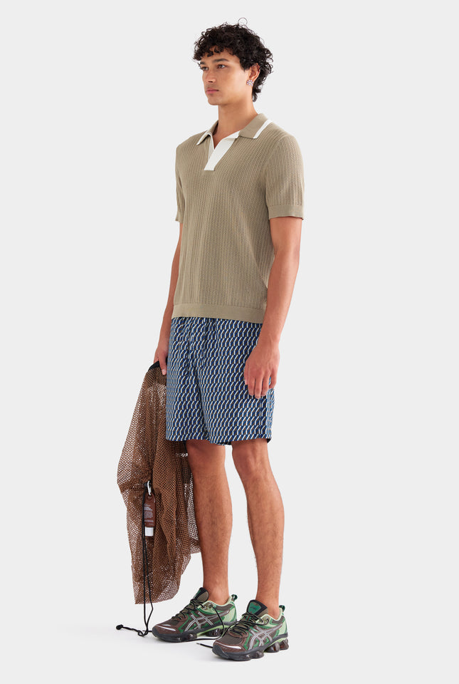 Stripe Collar Cotton Knit Open Neck Polo - Latte/Cream