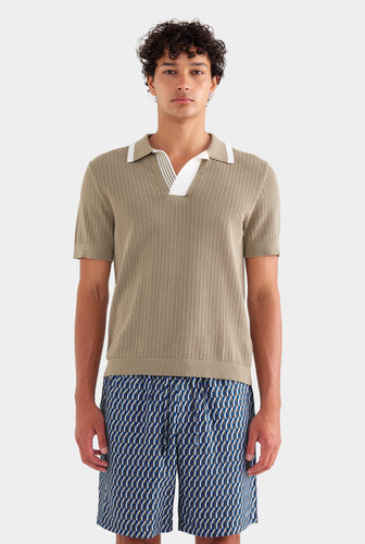 Stripe Collar Cotton Knit Open Neck Polo - Latte/Cream