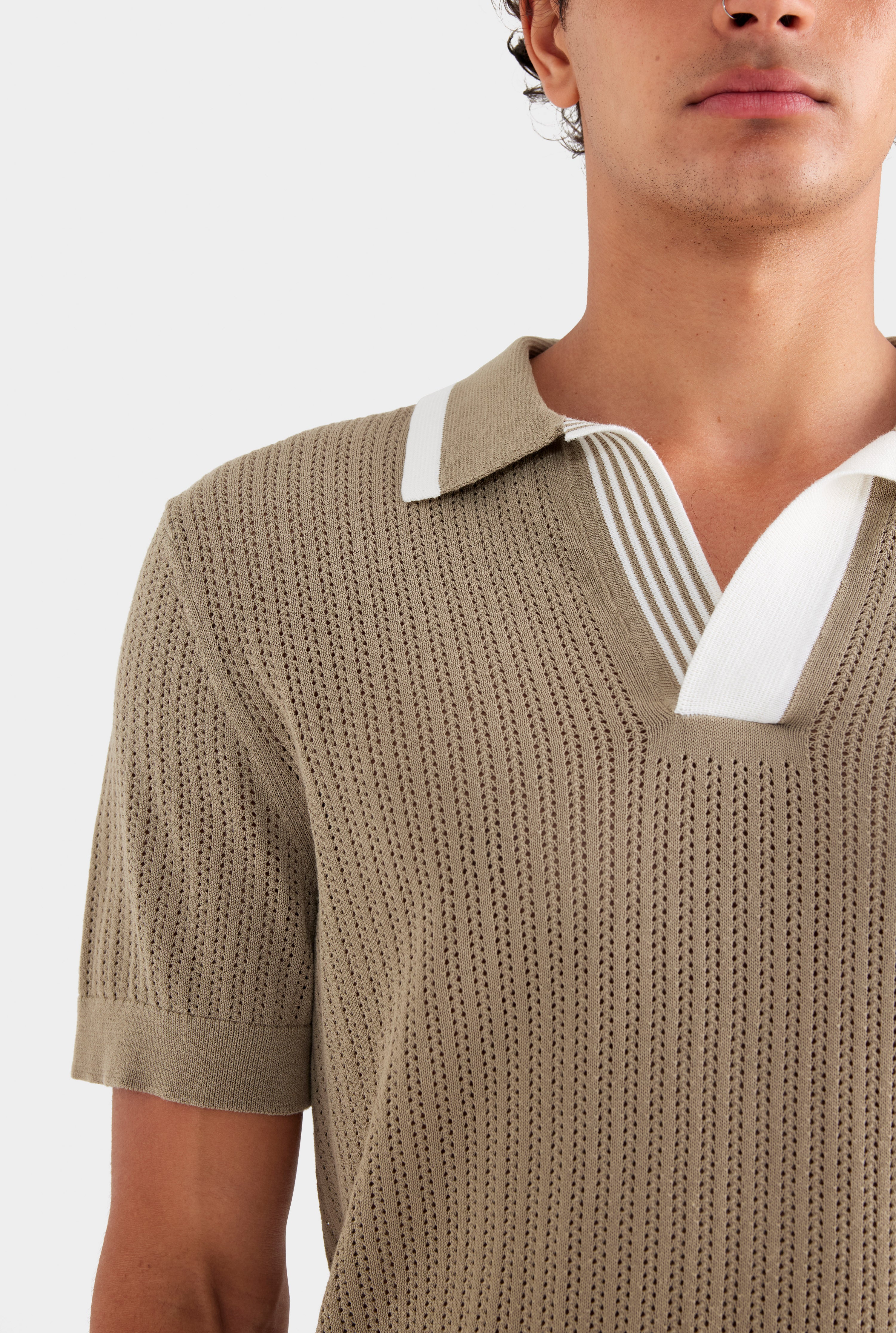 Stripe Collar Cotton Knit Open Neck Polo - Latte/Cream