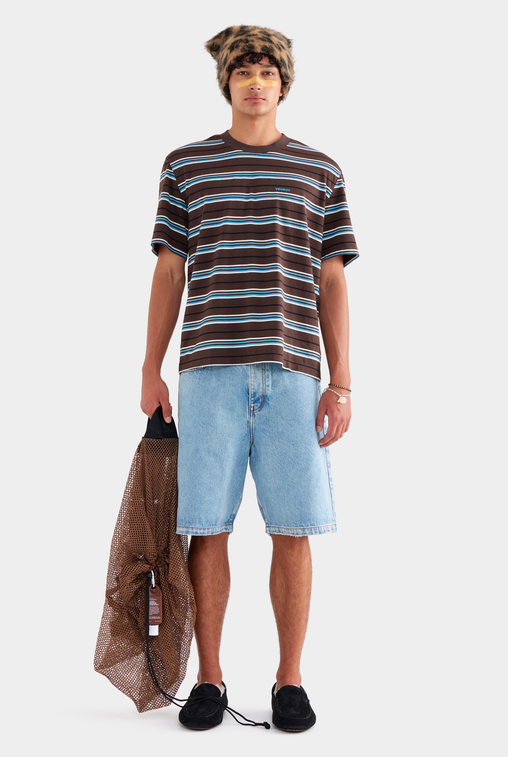 Striped T Shirt - Chocolate/Cream/Cerulean Blue Stripe