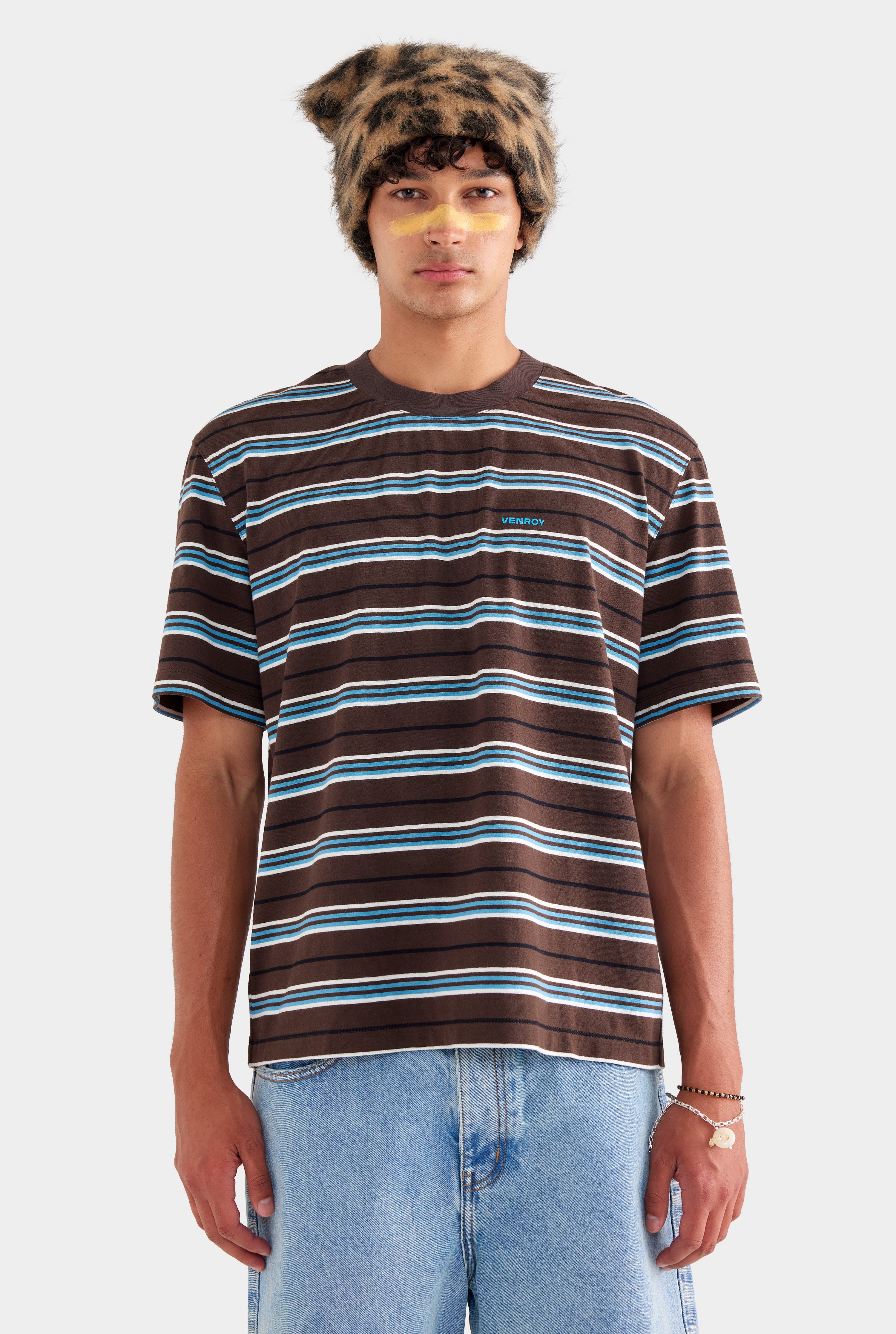 Striped T Shirt - Chocolate/Cream/Cerulean Blue Stripe