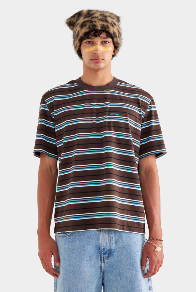 Striped T Shirt - Chocolate/Cream/Cerulean Blue Stripe