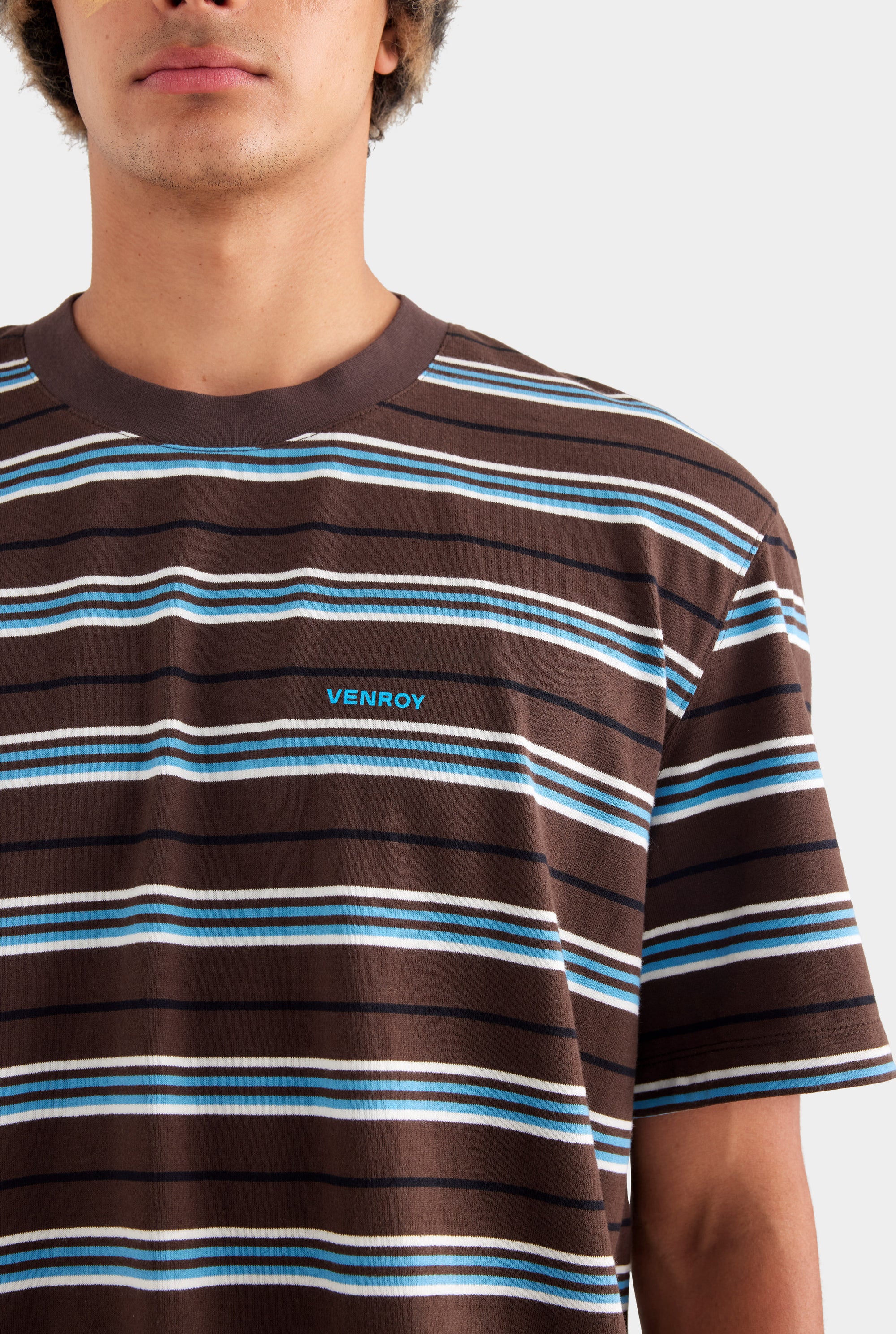 Striped T Shirt - Chocolate/Cream/Cerulean Blue Stripe