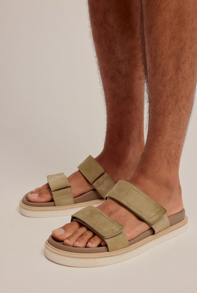Suede Double Strap Sandal - Olive