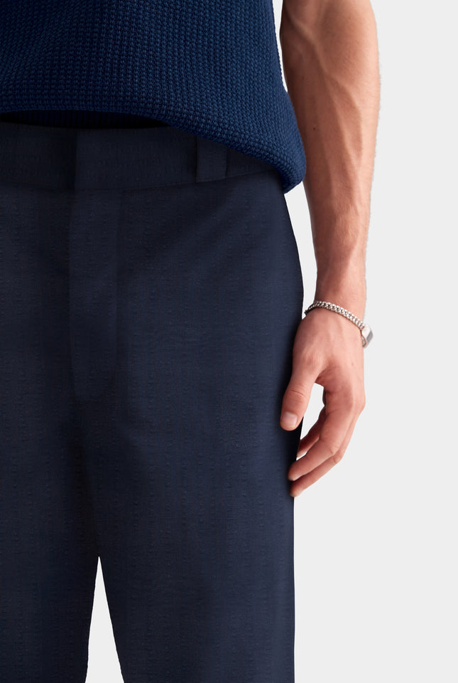 Tailored Seersucker Trouser - Navy Blue Stripe