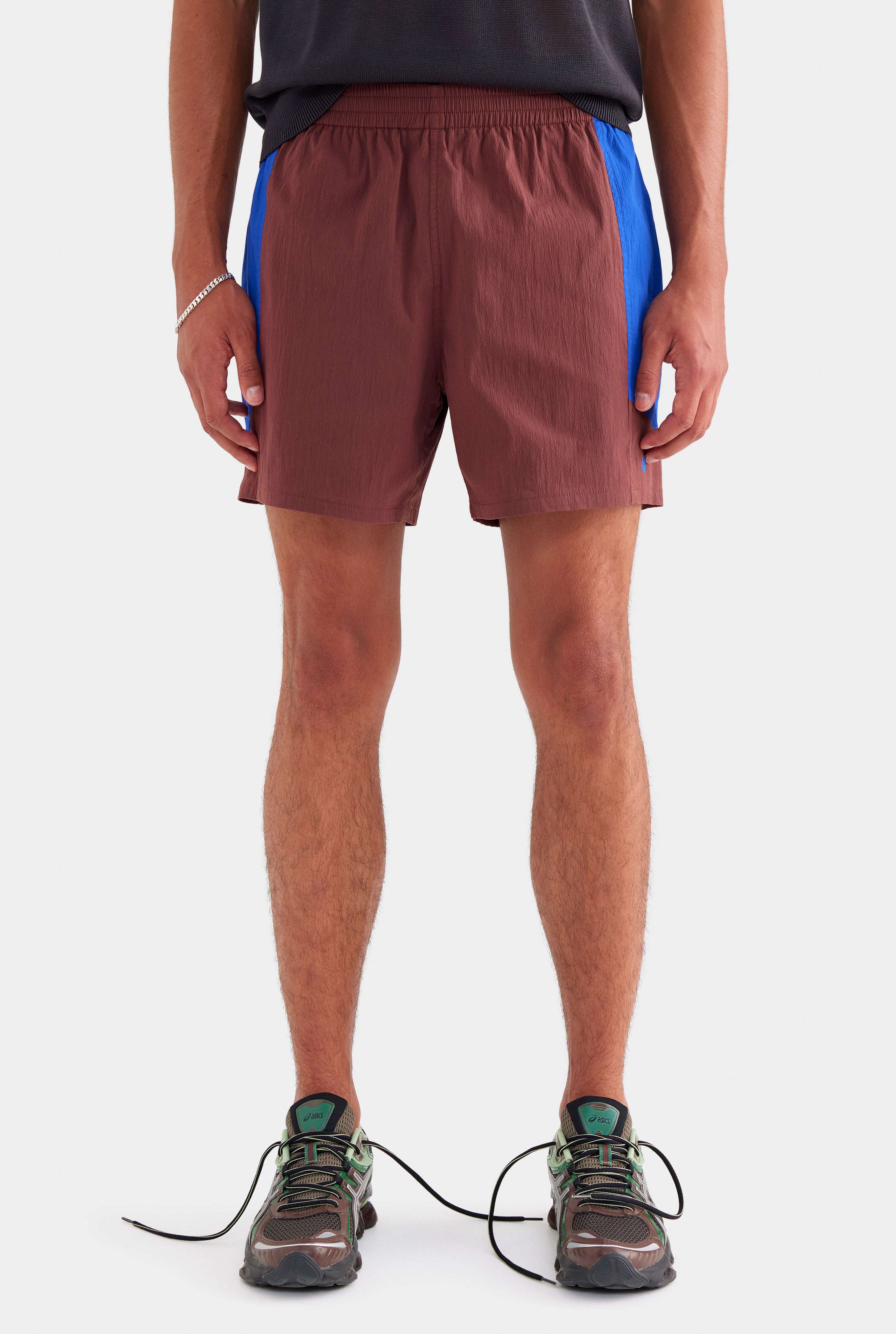 Panelled Nylon Track Short - Mahogany Brown/Sapphire Blue