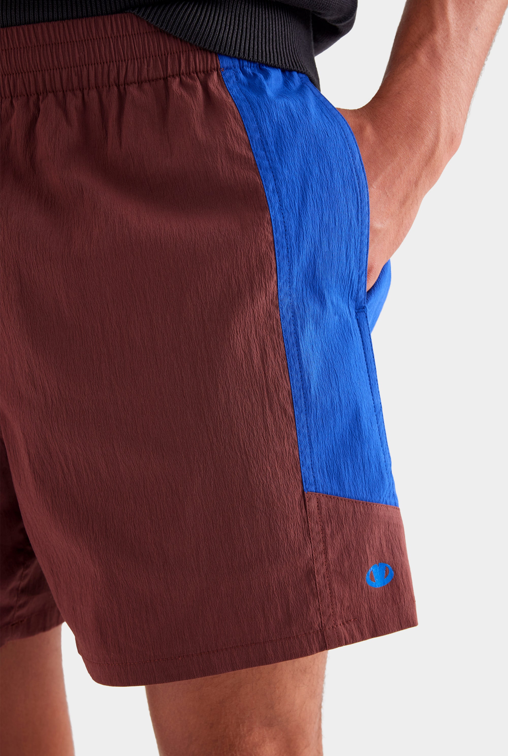 Panelled Nylon Track Short - Mahogany Brown/Sapphire Blue