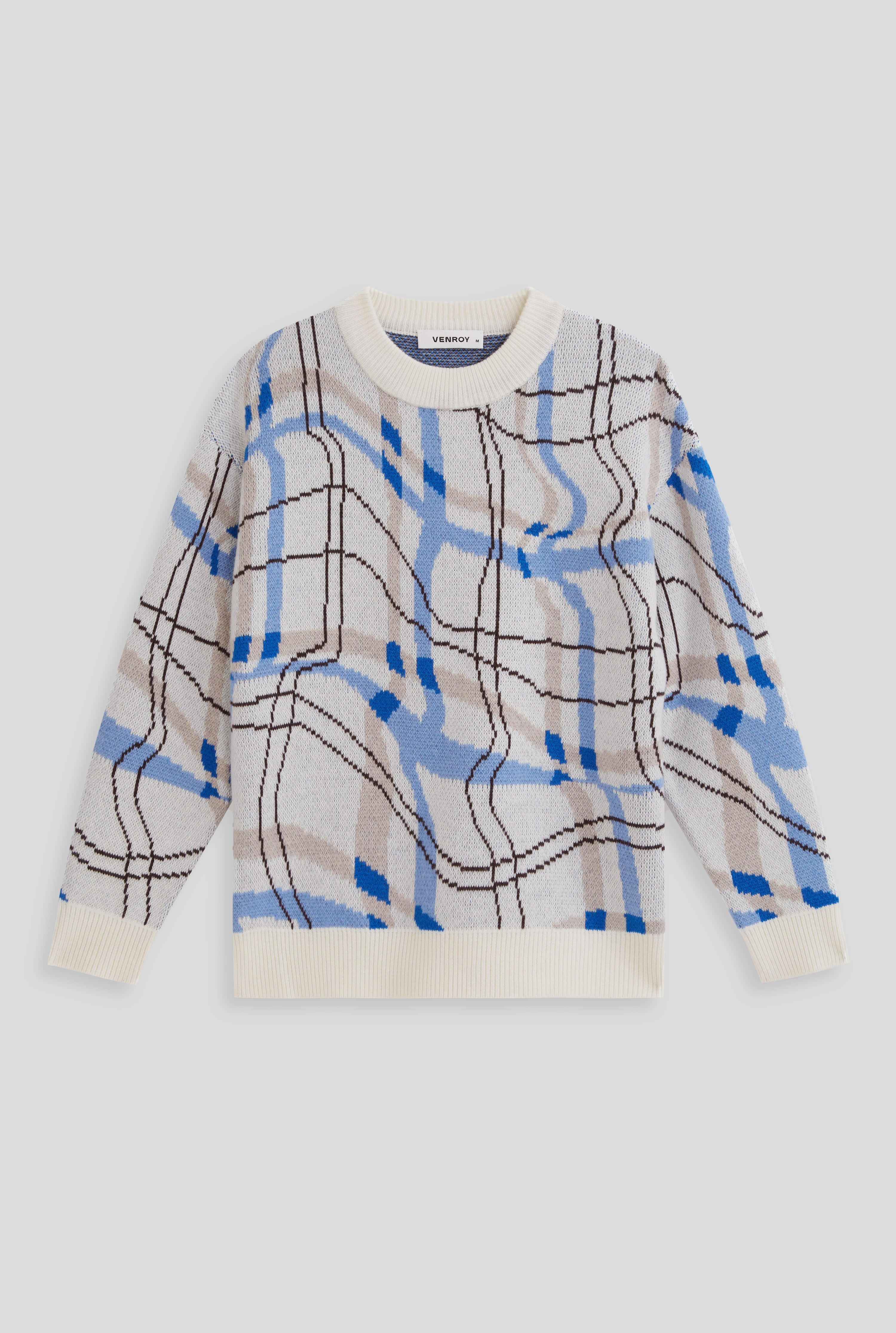 Wool Warped Check Intarsia Sweater - Off White/Blue Check