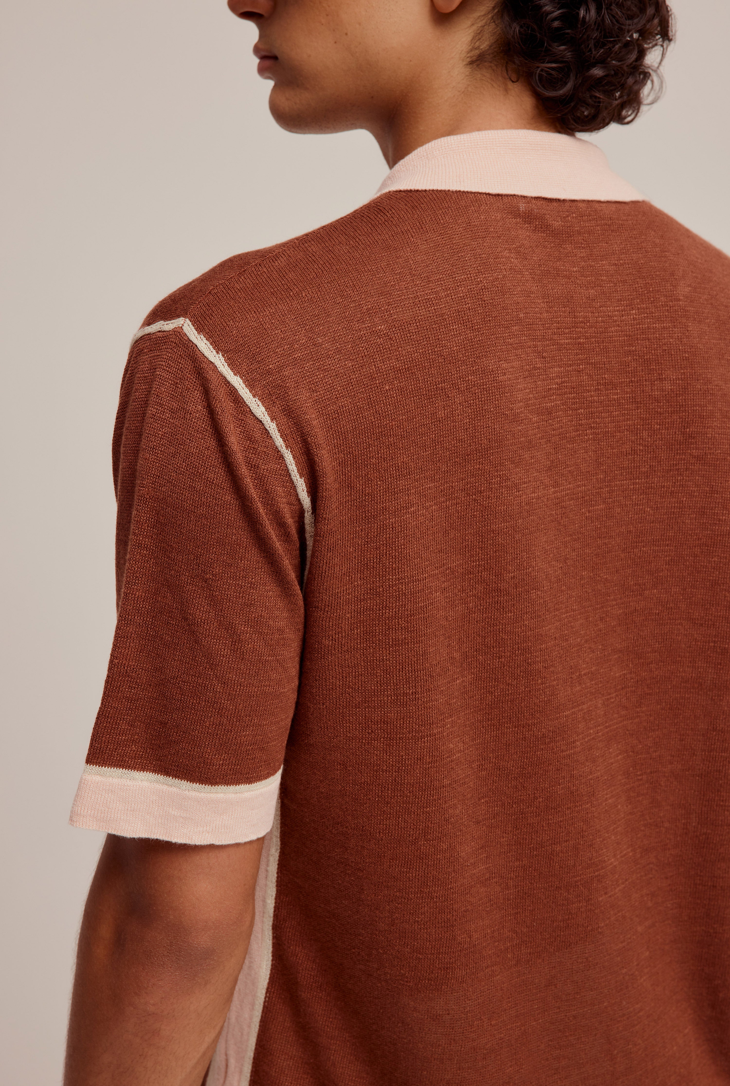 Knitted Contrast Short Sleeve Shirt - Chestnut/Peach Whip/Cream