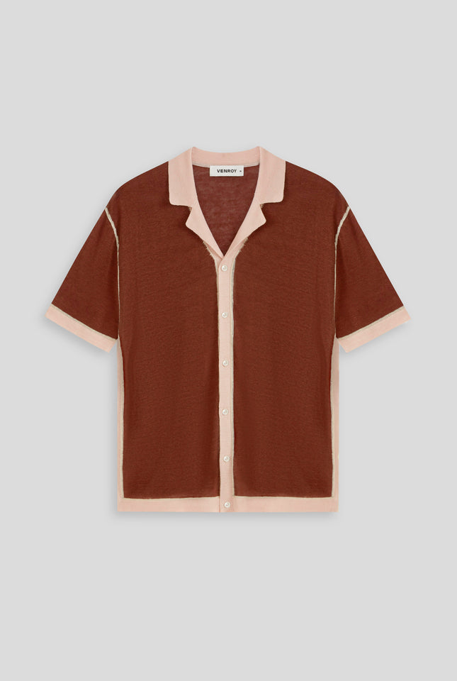 Knitted Contrast Short Sleeve Shirt - Chestnut/Peach Whip/Cream